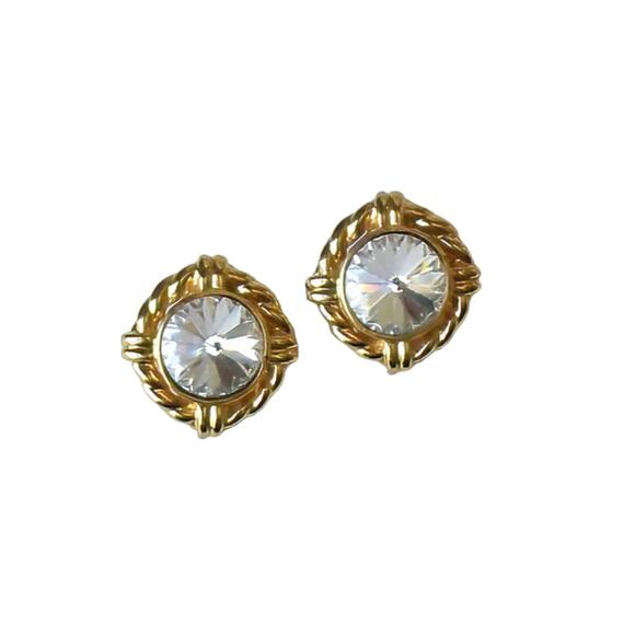 1990s Gold Plated Rope Design Round White Rivoli Rhinestones Clip On  Earrings - Picture 1 of 3
